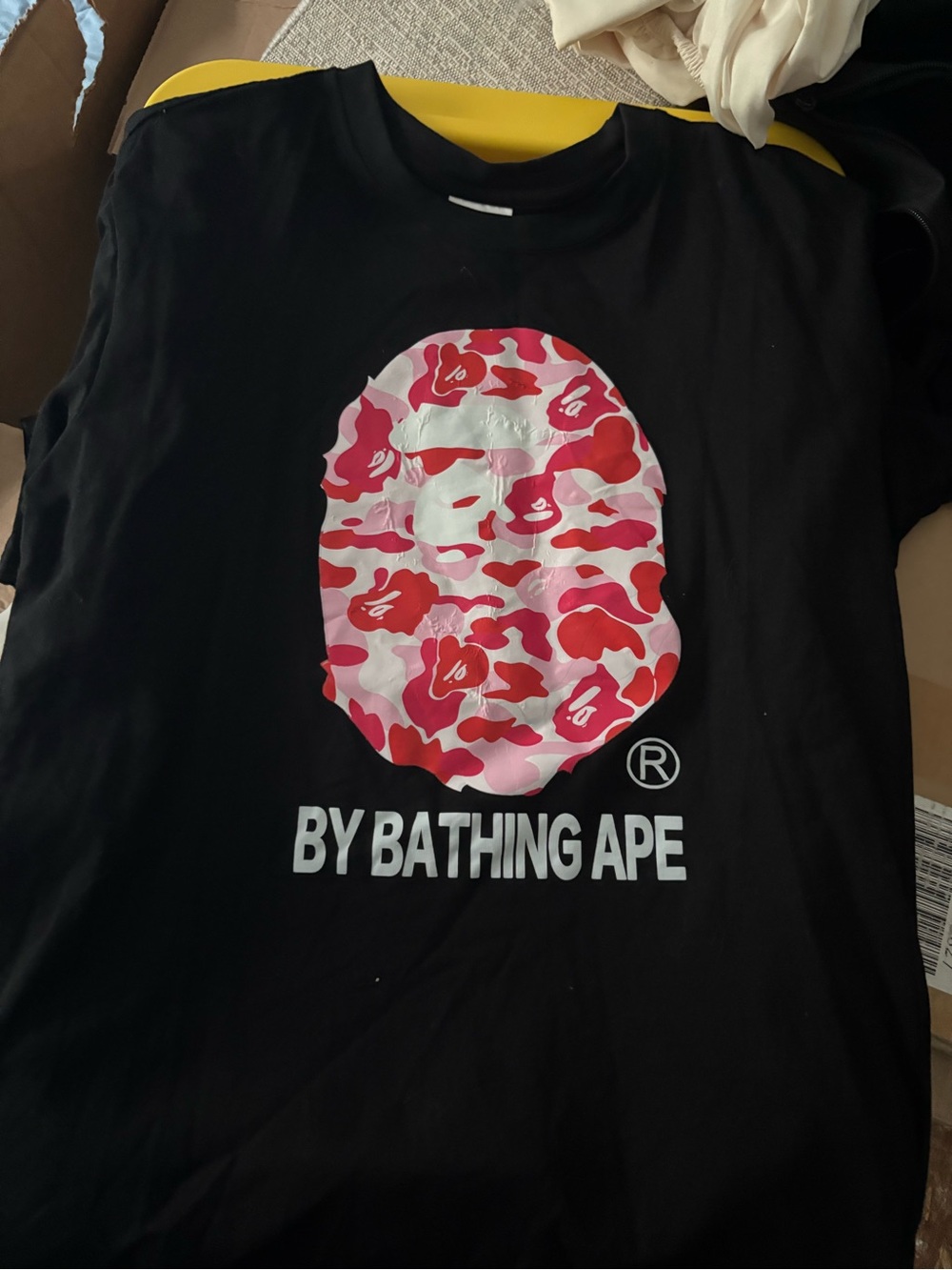 BY BATHING APE Black Short-Sleeve Tee with Pink & Red Camo Ape Head